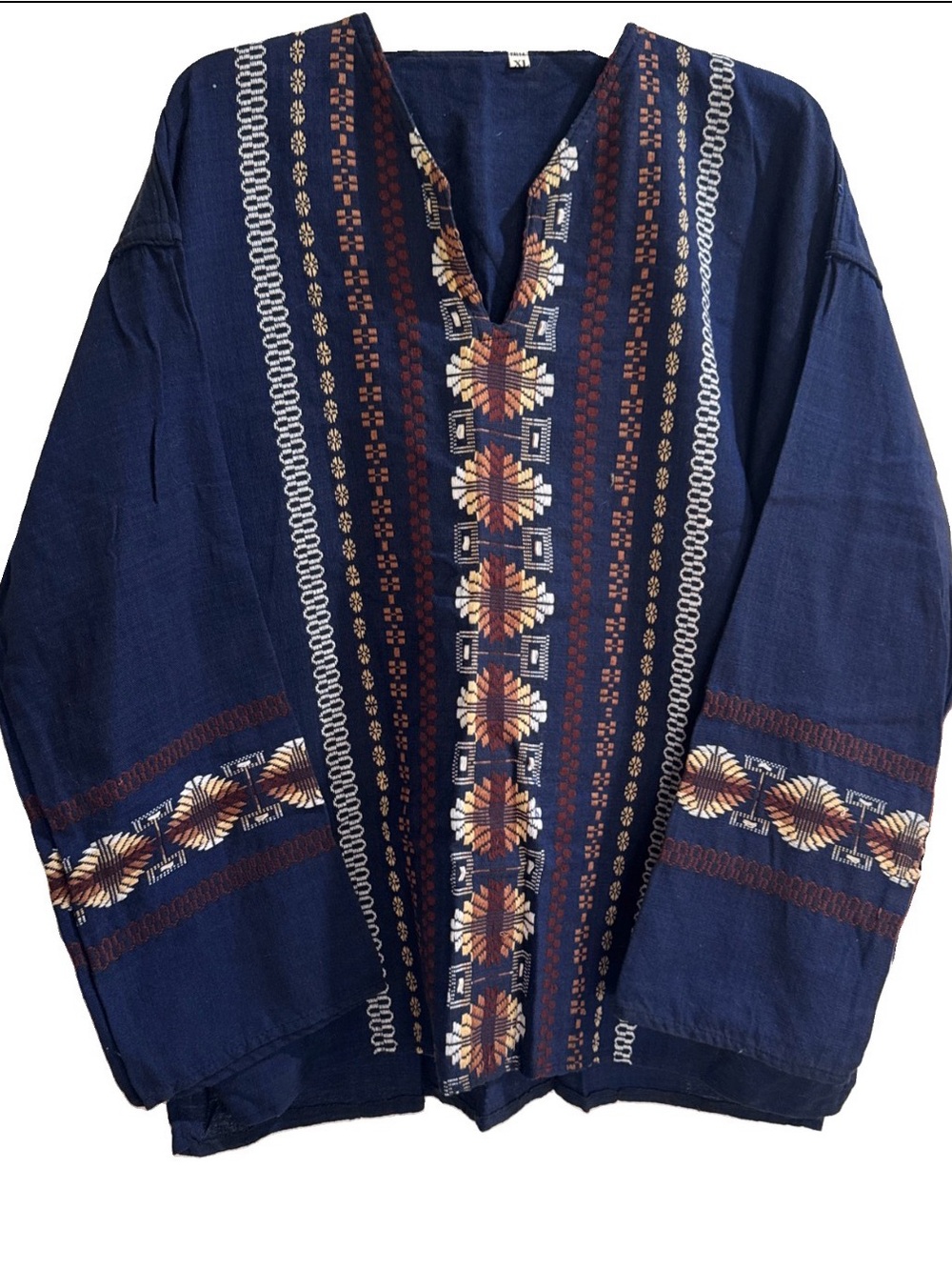 Guatemala Embroidered Tunic Shirt XL Navy Blue Boho Folk Art Pullover 50” Chest